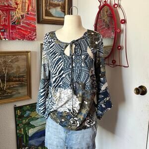 once & again nyc collection animal print white green blue long sleeve shirt